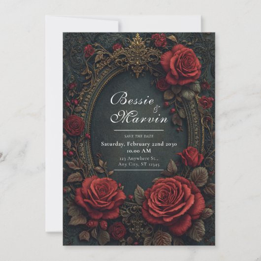 Invitation Elegant Dark Gothic Burgundy Rose Oval Wedding (Devant)