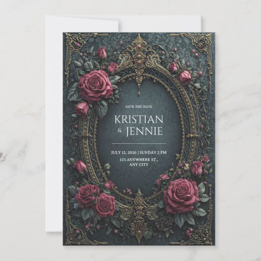 Invitation Elegant Dark Gothic Burgundy Rose Oval Wedding (Devant)