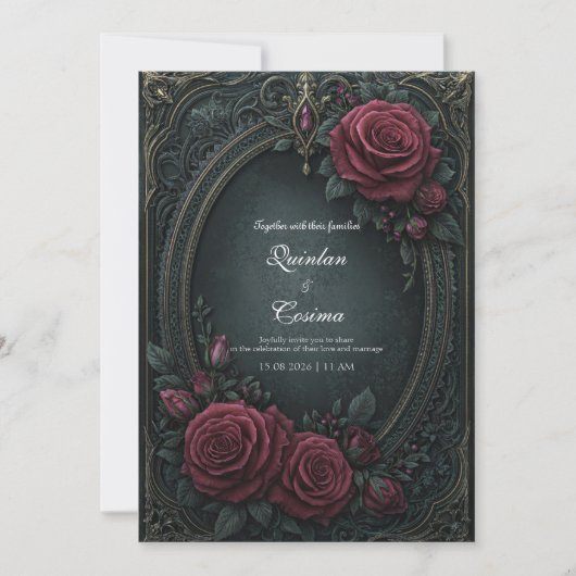 Invitation Elegant Dark Gothic Burgundy Rose Oval Wedding (Devant)