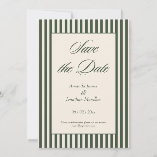 Invitation Elegant Dark Green and Cream Stripes Save the Date (Devant)