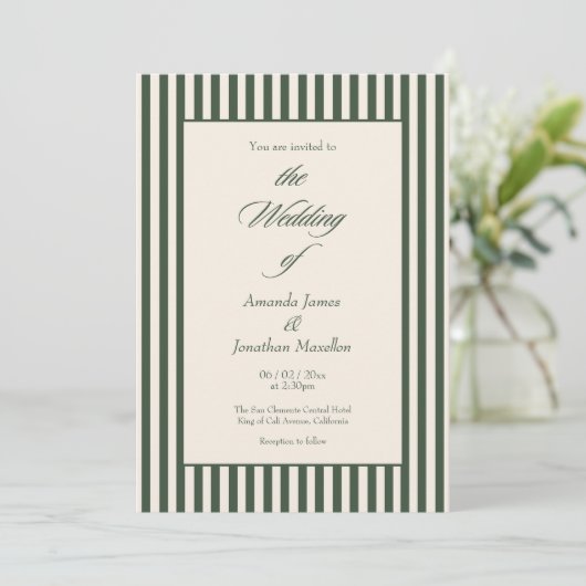 Invitation Elegant Dark Green Cream Vertical Stripes Wedding (Debout devant)