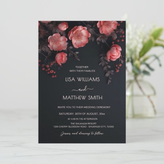 Invitation Elegant Dark Moody 3D Roses Wedding (Debout devant)