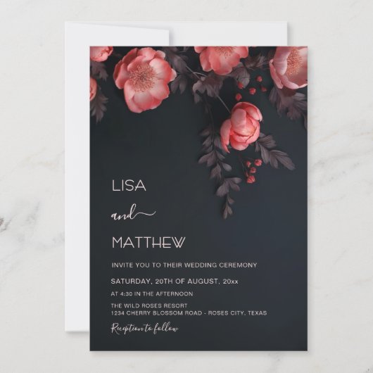Invitation Elegant Dark Moody 3D Roses Wedding (Devant)