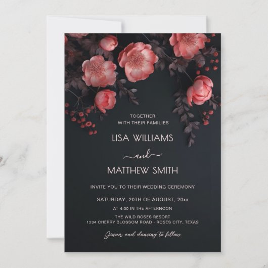 Invitation Elegant Dark Moody 3D Roses Wedding (Devant)
