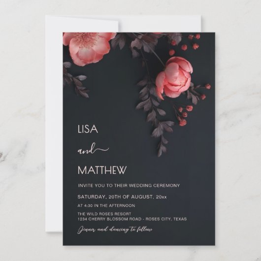 Invitation Elegant Dark Moody 3D Roses Wedding (Devant)