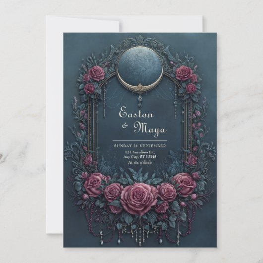 Invitation Elegant Dark Navy Burgundy Floral Evening Wedding (Devant)
