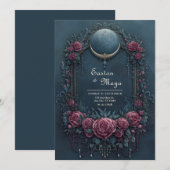 Invitation Elegant Dark Navy Burgundy Floral Evening Wedding (Devant / Derrière)