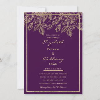 Invitation Elegant dark purple gold luxury floral Wedding