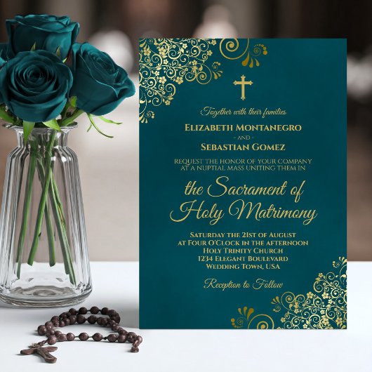 Invitation Elegant Dark Teal & Gold Modern Catholic Wedding