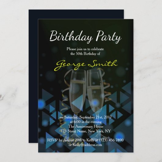 Invitation élégant de fête d'anniversaire de bleu (Devant / Derrière)