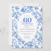 Invitation Elegant Deep Blue Toile Roses 60th Birthday Downlo (Devant)