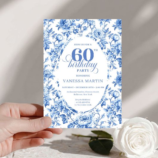 Invitation Elegant Deep Blue Toile Roses 60th Birthday Downlo
