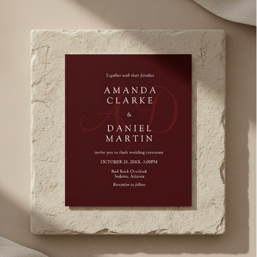 Invitation Elegant Deep Burgendy Wedding Monogram Initials 