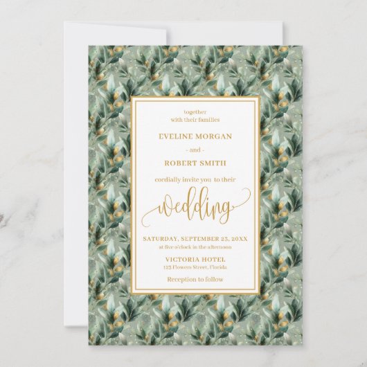 Invitation Elégant Deep Green Gold Eucalyptus Mariage Invite (Devant)