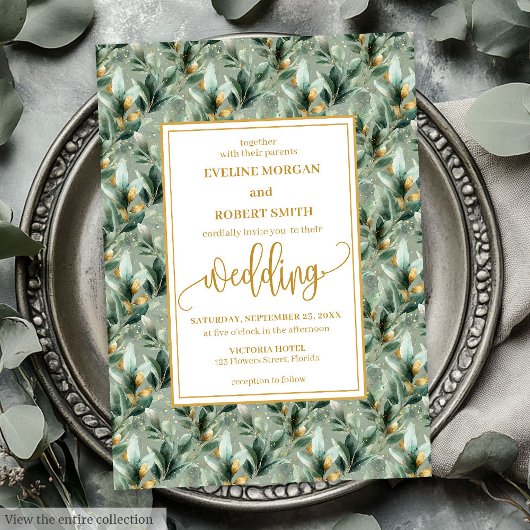 Invitation Elégant Deep Green Gold Eucalyptus Mariage Invite
