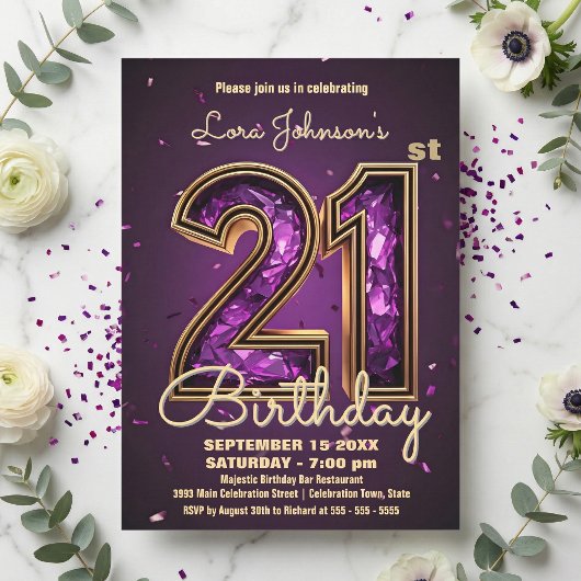 Invitation Elegant Deep Purple Gemstone Gold 21st Birthday