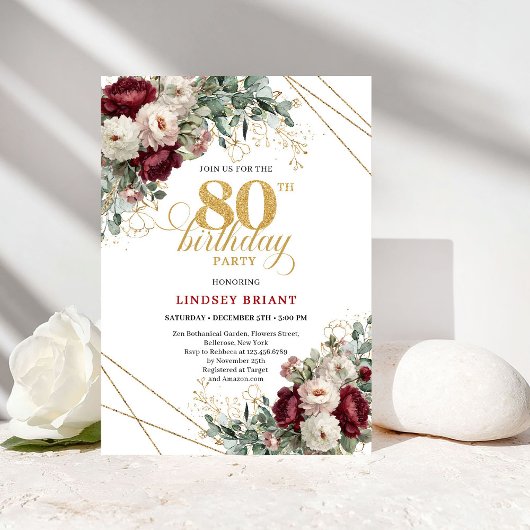Invitation Elegant Deep Red Burgundy 80th Birthday