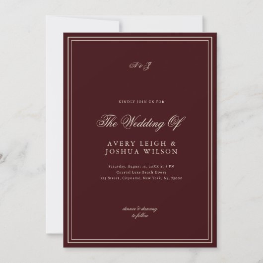 Invitation Elegant Deep Red Monogram Old Money Wedding (Devant)
