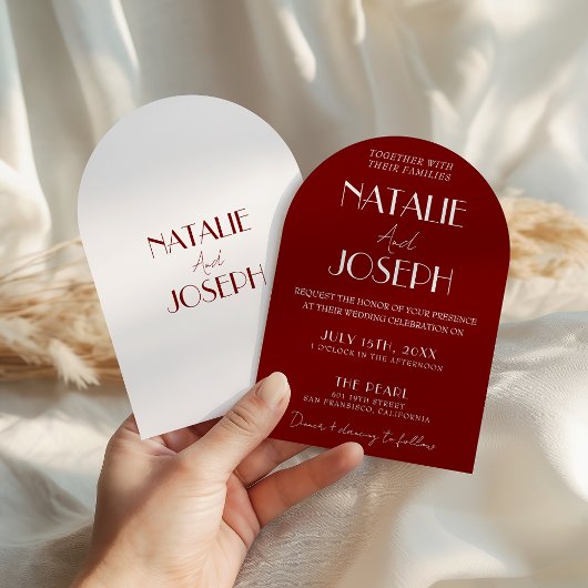 Invitation Elegant Deep Red White Burgundy Arched Wedding