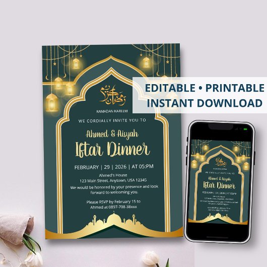 Invitation Elegant Deep Teal and Gold Lantern Ramadan Iftar