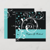 Invitation Élégant défilement floral noir, aqua mariage (Devant / Derrière)