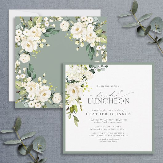 Invitation Élégant déjeuner nuptial floral blanc gris vert