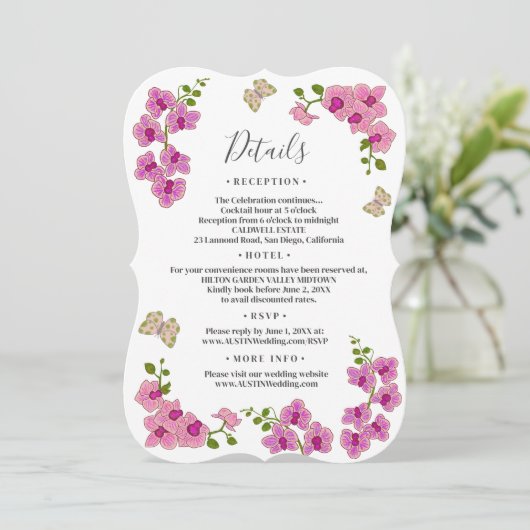 Invitation Elegant Delicate Purple Orchids Détails Mariage (Debout devant)