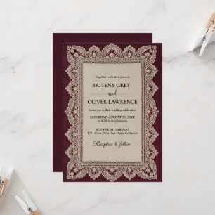 Invitation Élégant Dentelle Vintage Napperon Mariage Bourgogn
