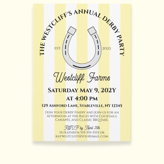 Invitation Élégant Derby Party Cabana Jaune Stripe Horseshoe