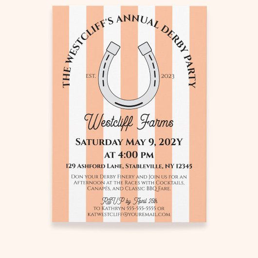 Invitation Élégant Derby Party Peach Cabana Stripe Horseshoe
