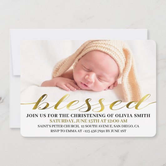 Invitation Elégant Design Gold Script Photo Christening (Devant)