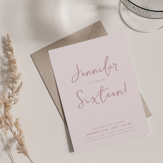 Invitation Élégant Design minimal Script Sweet 16 Blush Rose