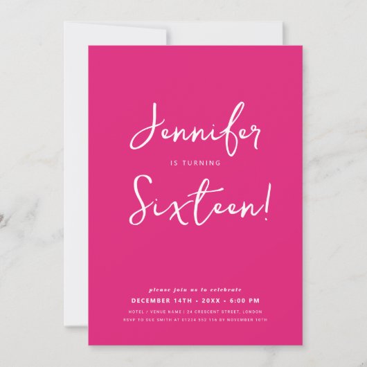 Invitation Élégant Design minimal Script Sweet 16 Hot Rose (Devant)