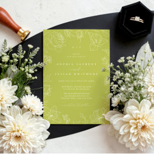 Invitation Élégant Dessin Floral Citron Vert Jardin Mariage