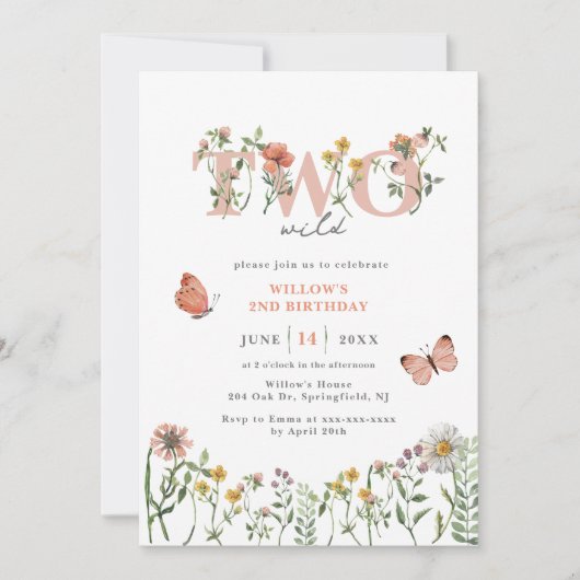 Invitation Elégant deux Fleur sauvage sauvage 2e anniversaire (Devant)