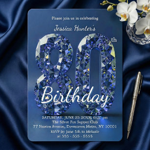 Invitation Élégant Diamant Bleu Gemme Glam 80e Anniversaire