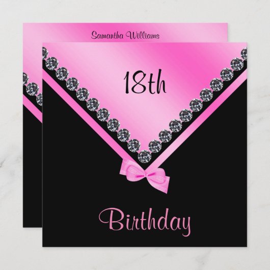 Invitation Élégant diamant brillant & Bow rose 18e anniversai (Devant / Derrière)