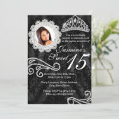 Invitation Elegant Diamant & Damask Photo Quinceanera Invitat (Debout devant)