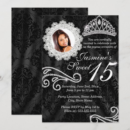 Invitation Elegant Diamant & Damask Photo Quinceanera Invitat (Devant / Derrière)