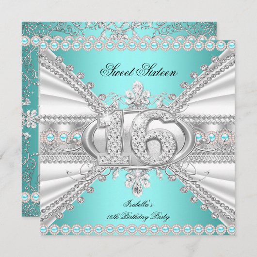 Invitation Élégant Diamant Turquoise Sweet 16 Seteen Party A (Devant / Derrière)