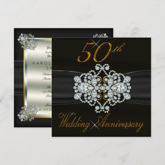 Invitation Elegant Diamants 50e Anniversaire de Mariage en Or (Devant / Derrière)