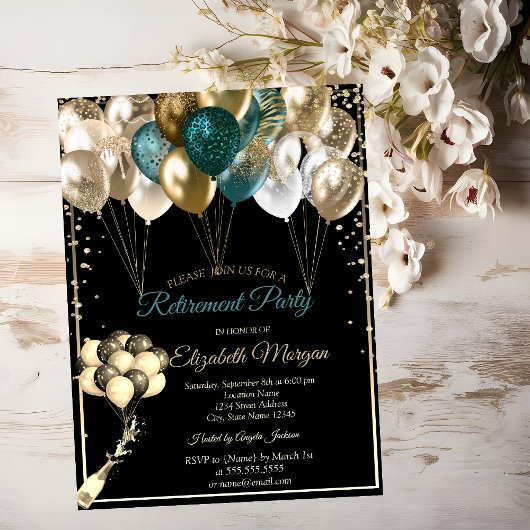Invitation Élégant Diamants Ballons Black Retraite