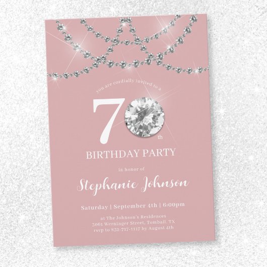 Invitation Elégant Diamants Blush Pink 70e anniversaire