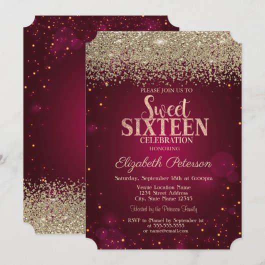 Invitation Élégant Diamants d'or moderne Rouge Sweet 16 (Devant / Derrière)