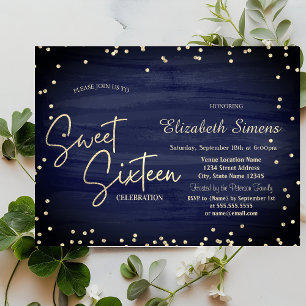 Invitation Elégant Diamants Marine Bleu Gold Script Sweet 16