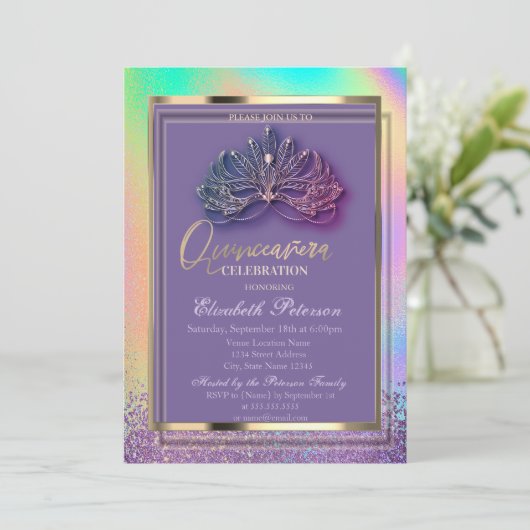 Invitation Élégant Diamants Masques Arc-en-ciel Holographique (Debout devant)