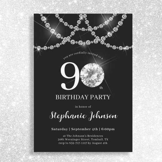 Invitation Elégant Diamants Noir 90ème anniversaire fête