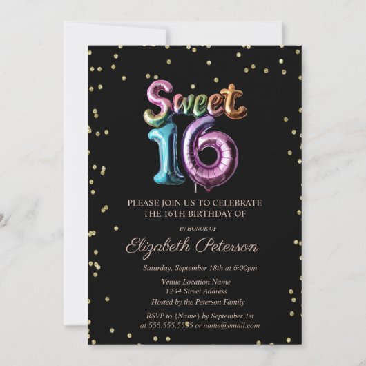 Invitation Élégant Diamants Or Black Balloon Sweet 16 (Devant)