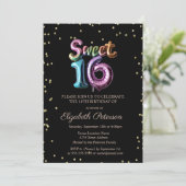 Invitation Élégant Diamants Or Black Balloon Sweet 16 (Debout devant)