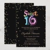 Invitation Élégant Diamants Or Black Balloon Sweet 16 (Devant / Derrière)